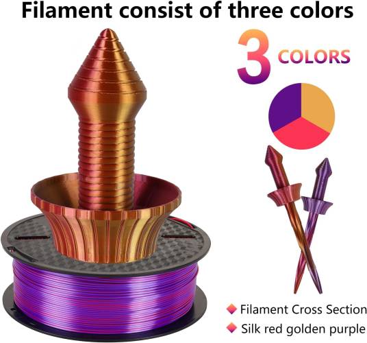 Kingroon PLA Silk üçlü renk Filament - Kırmızı Altın Mor - 1.75 - 1KG - 2